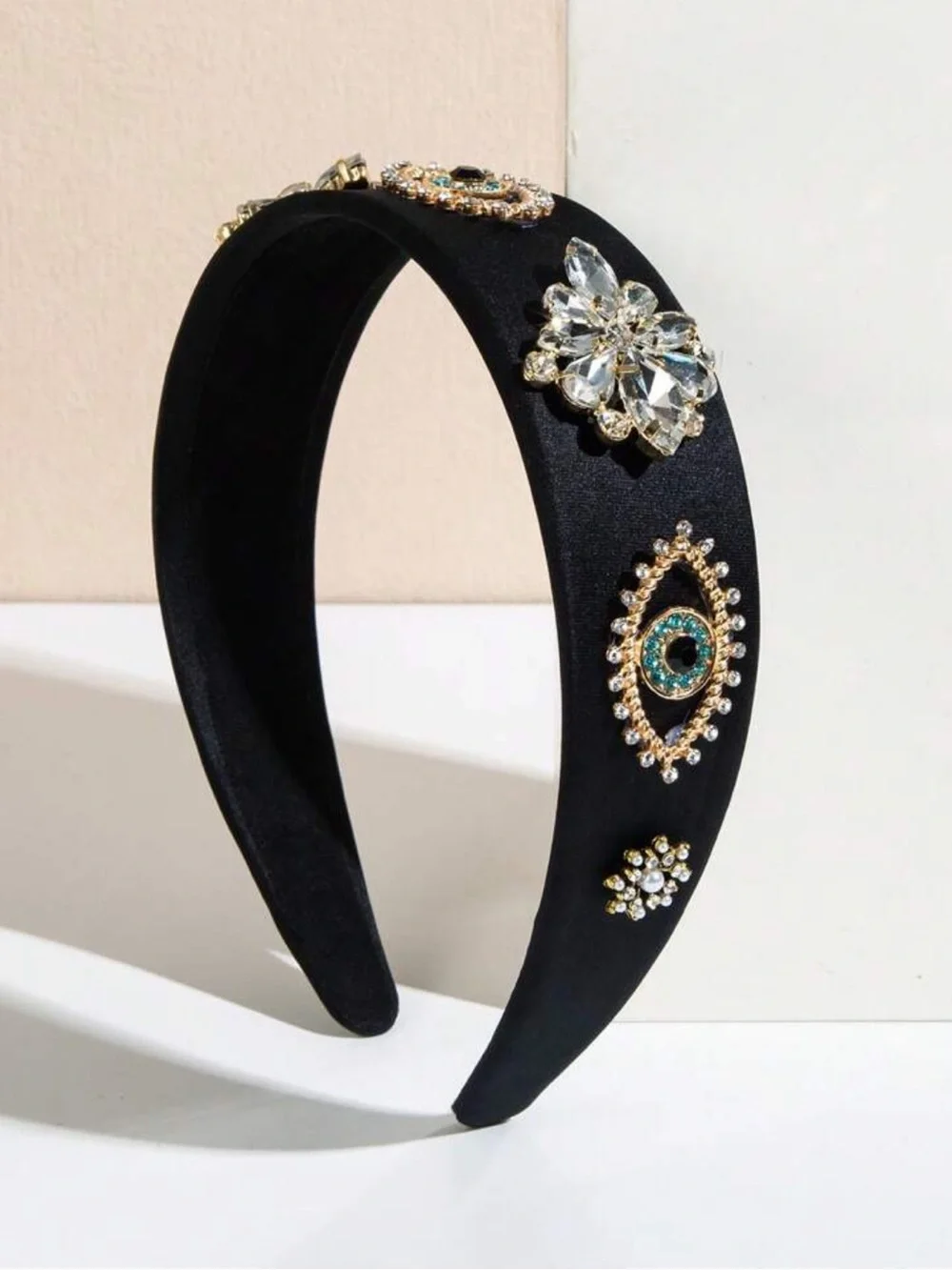 Embellished‎ Black Satin Headband with Crystal Accents